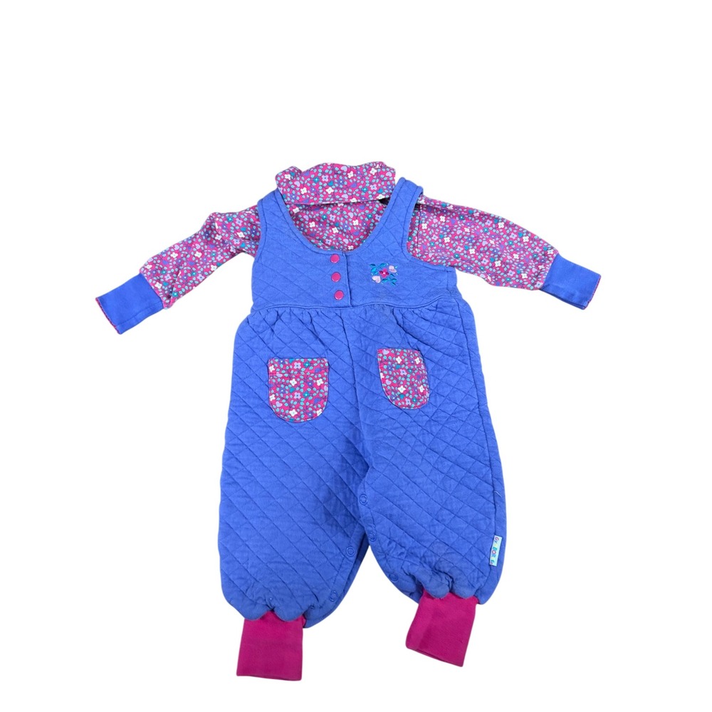Vintage Gymboree Kids Purple Quilted Overalls Floral Top Set XS Made in USA 90s